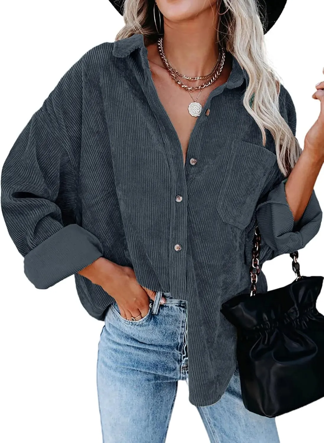 Dokotoo Womens Corduroy Button Down Shirts Boyfriend Long Sleeve Oversized Blouses Tops
