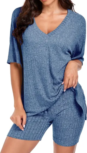 Donnalla Women's 2 Piece Lounge Sets Ribbed Knit Pajama Set V Neck Short Sleeve Shirt and Bike Short Outfits