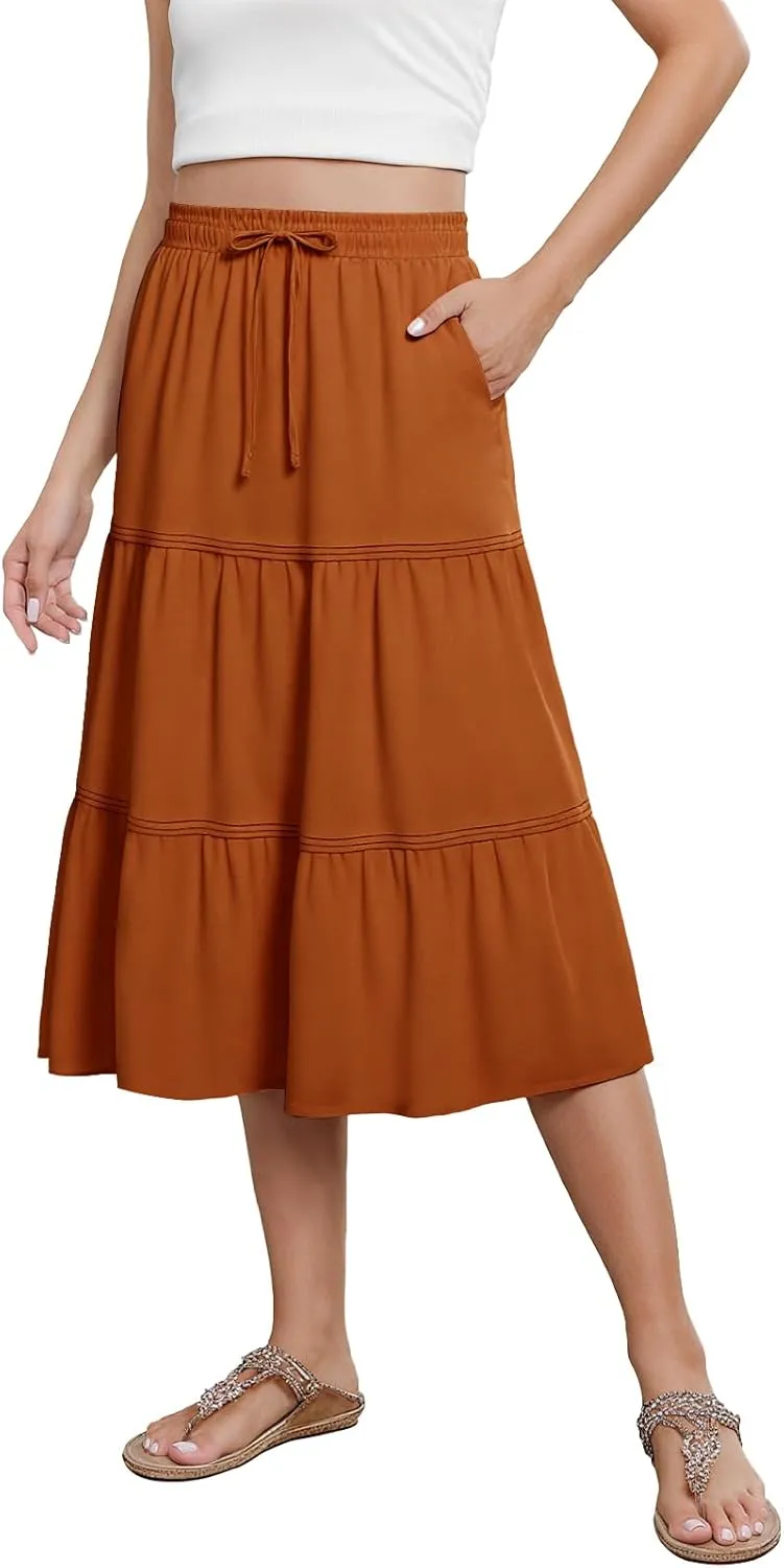 DRESSTELLS Women's Midi Skirts with Pockets Elastic High Waist Flowy Swing A Line Casual Long Skirt