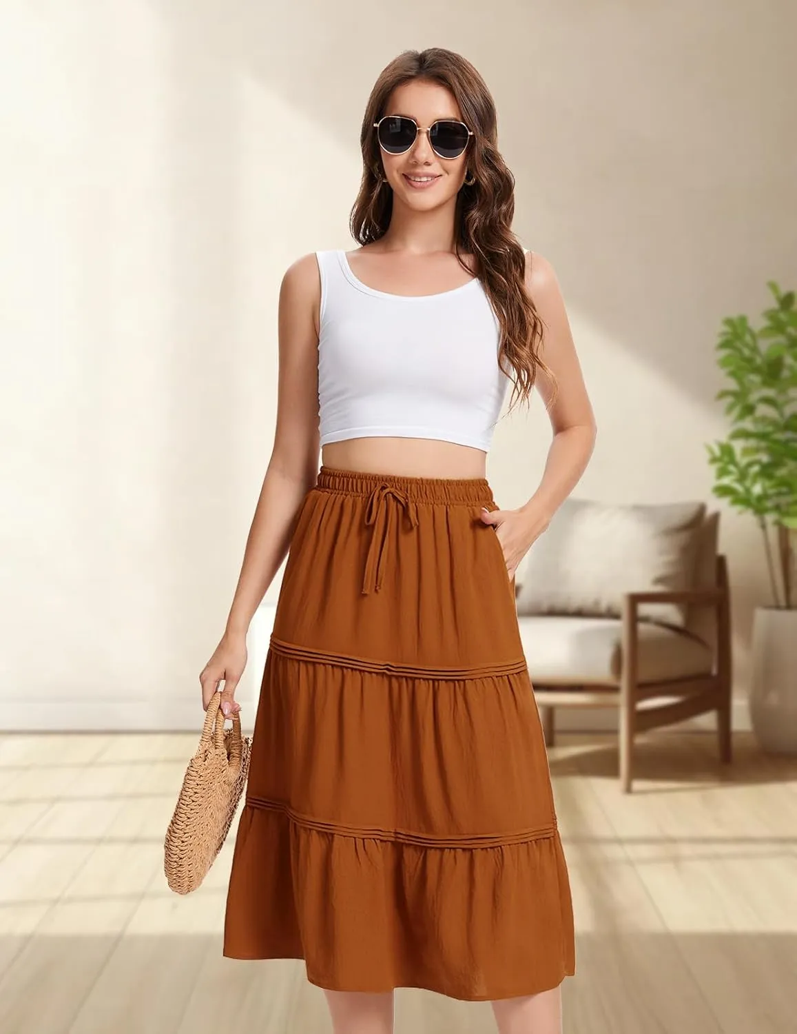 DRESSTELLS Women's Midi Skirts with Pockets Elastic High Waist Flowy Swing A Line Casual Long Skirt