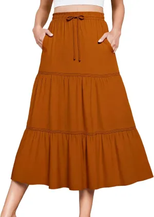 DRESSTELLS Women's Midi Skirts with Pockets Elastic High Waist Flowy Swing A Line Casual Long Skirt
