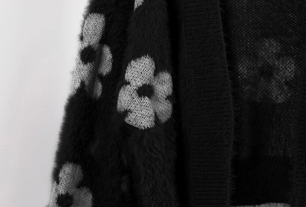 ebossy Women's Cute Cropped Daisy Knit Cardigan Fuzzy Furry Open Front Lantern Sleeve Sweater Coat