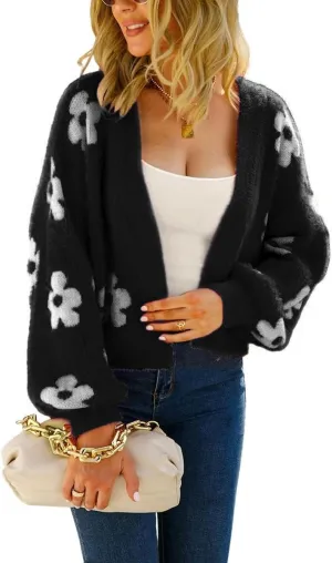 ebossy Women's Cute Cropped Daisy Knit Cardigan Fuzzy Furry Open Front Lantern Sleeve Sweater Coat