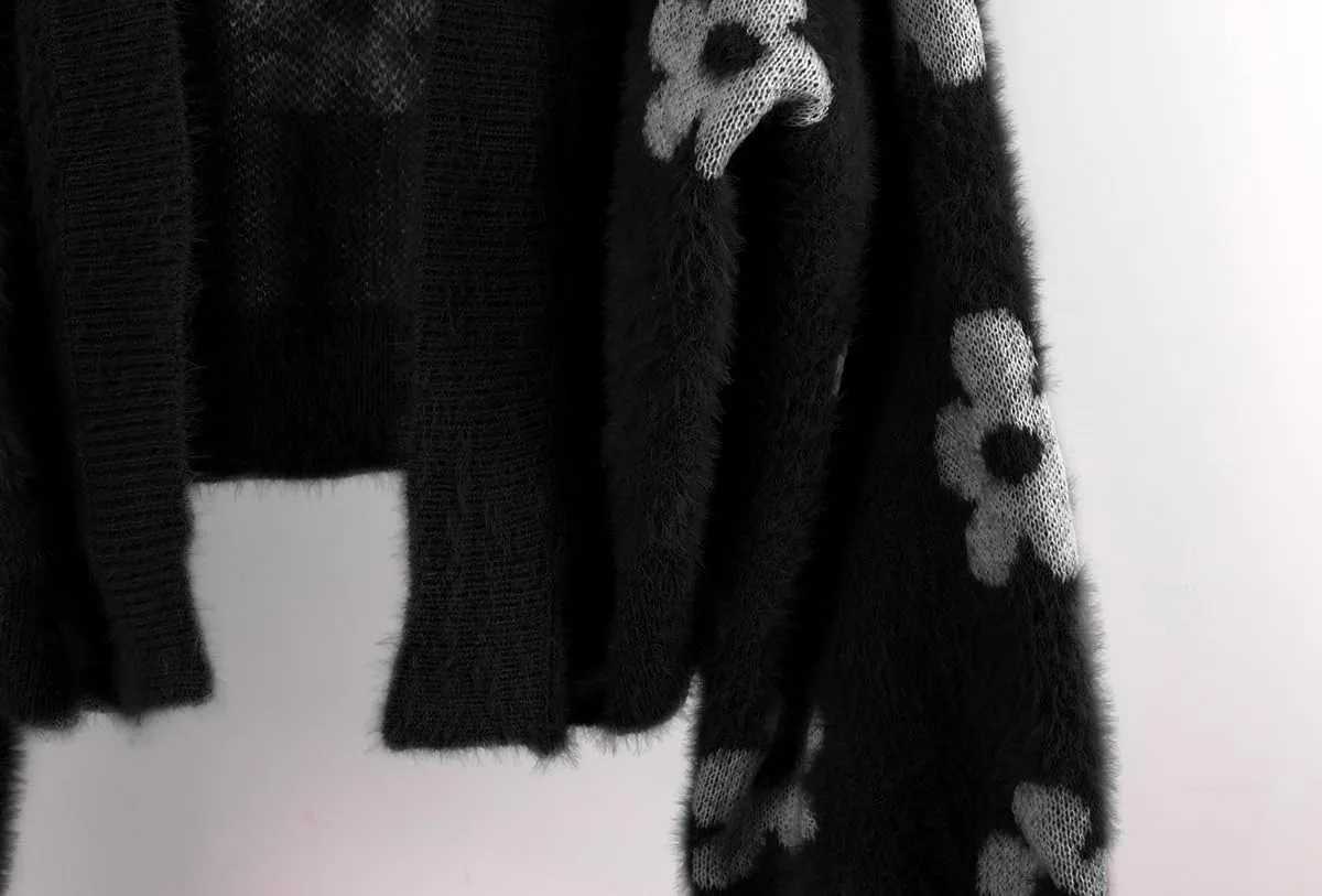 ebossy Women's Cute Cropped Daisy Knit Cardigan Fuzzy Furry Open Front Lantern Sleeve Sweater Coat