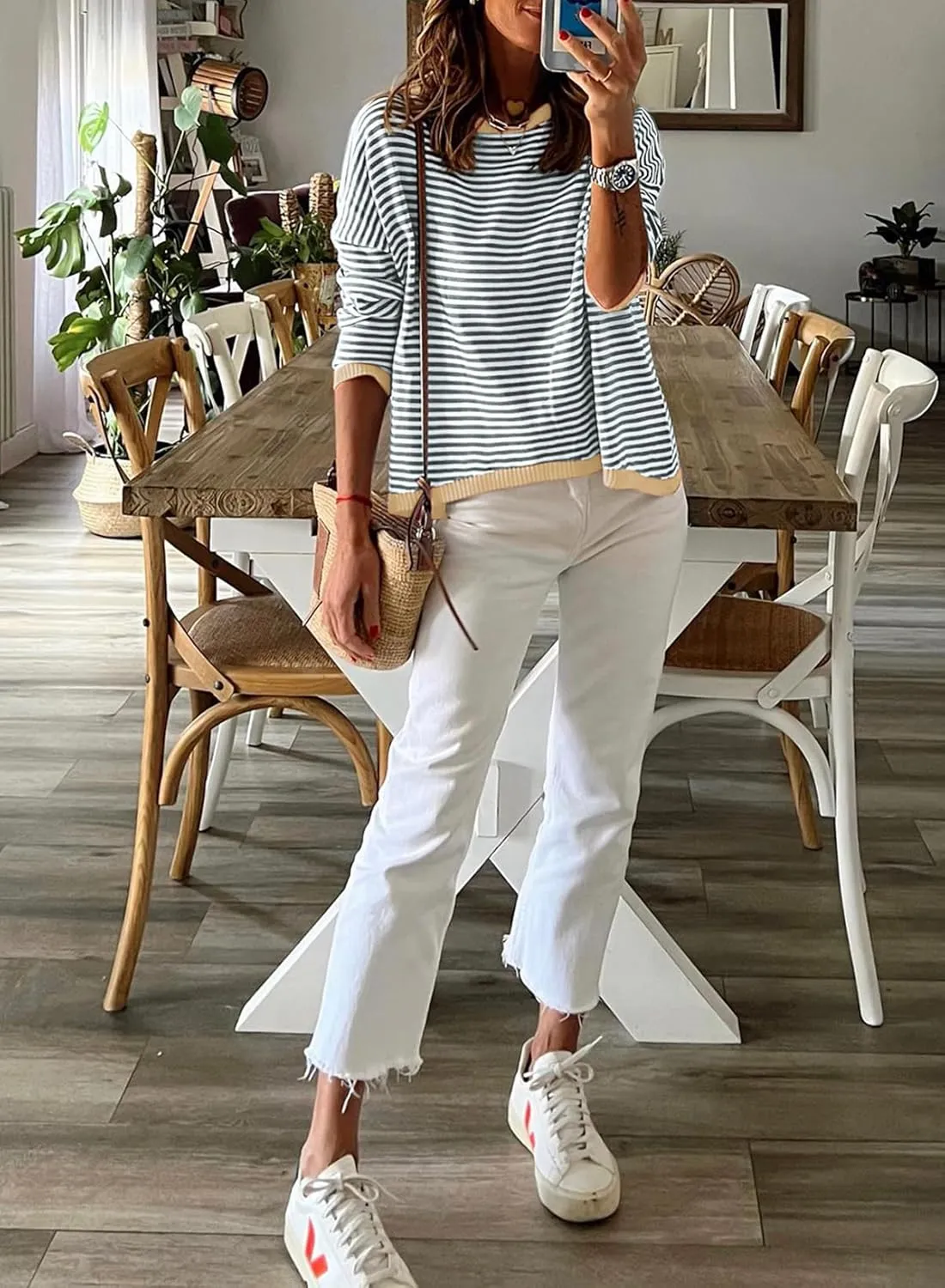 ELFTOWN Women's Cotton Crew Neck Long Sleeve Striped Sweater Pullover Color Block Oversized Casual Knitted Jumper Top