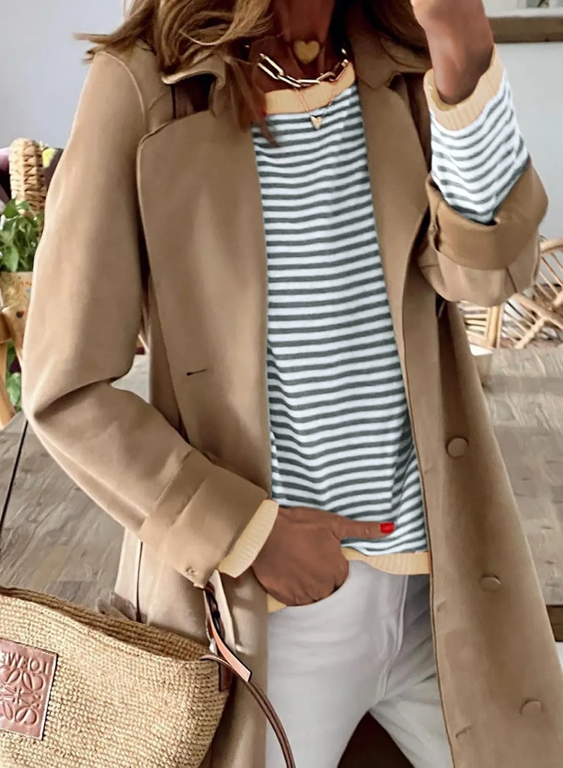 ELFTOWN Women's Cotton Crew Neck Long Sleeve Striped Sweater Pullover Color Block Oversized Casual Knitted Jumper Top