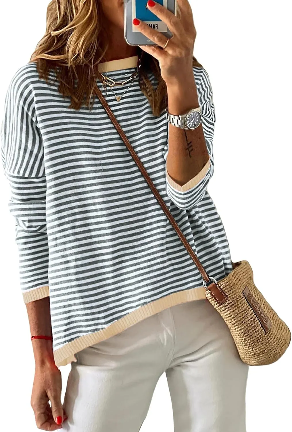 ELFTOWN Women's Cotton Crew Neck Long Sleeve Striped Sweater Pullover Color Block Oversized Casual Knitted Jumper Top
