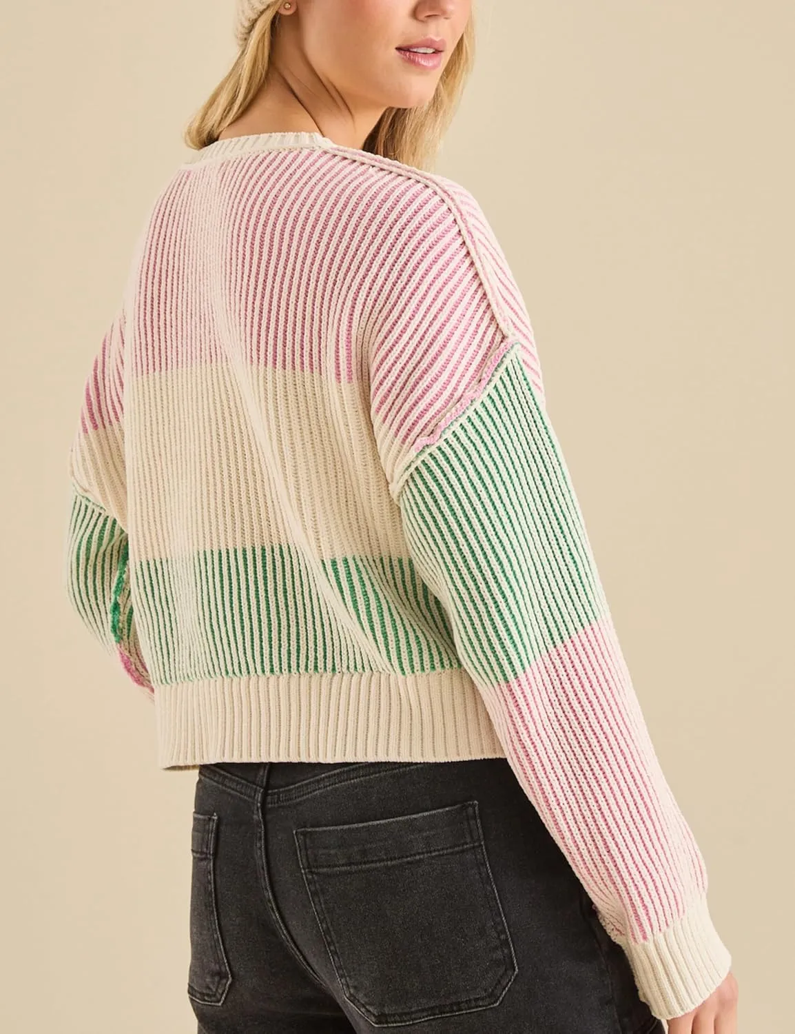 Esmeling Women’s Loose Striped Pullover Sweater Long Sleeve Crew Neck Color Block Knit Tops