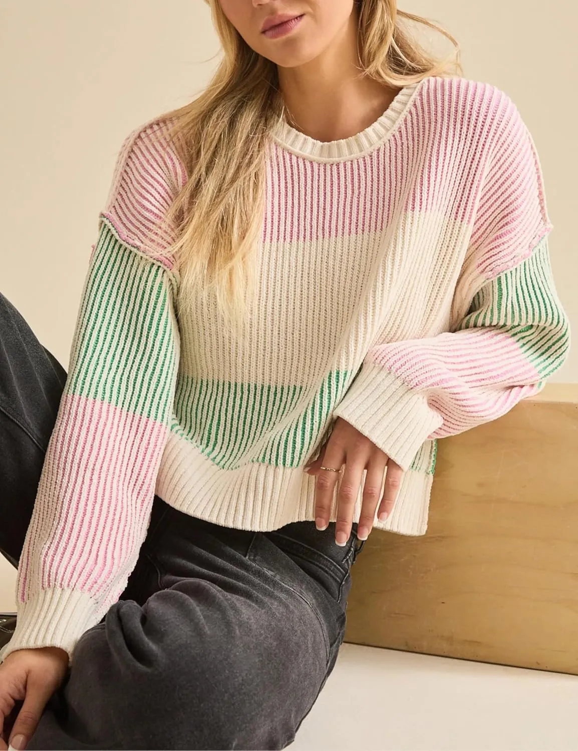 Esmeling Women’s Loose Striped Pullover Sweater Long Sleeve Crew Neck Color Block Knit Tops