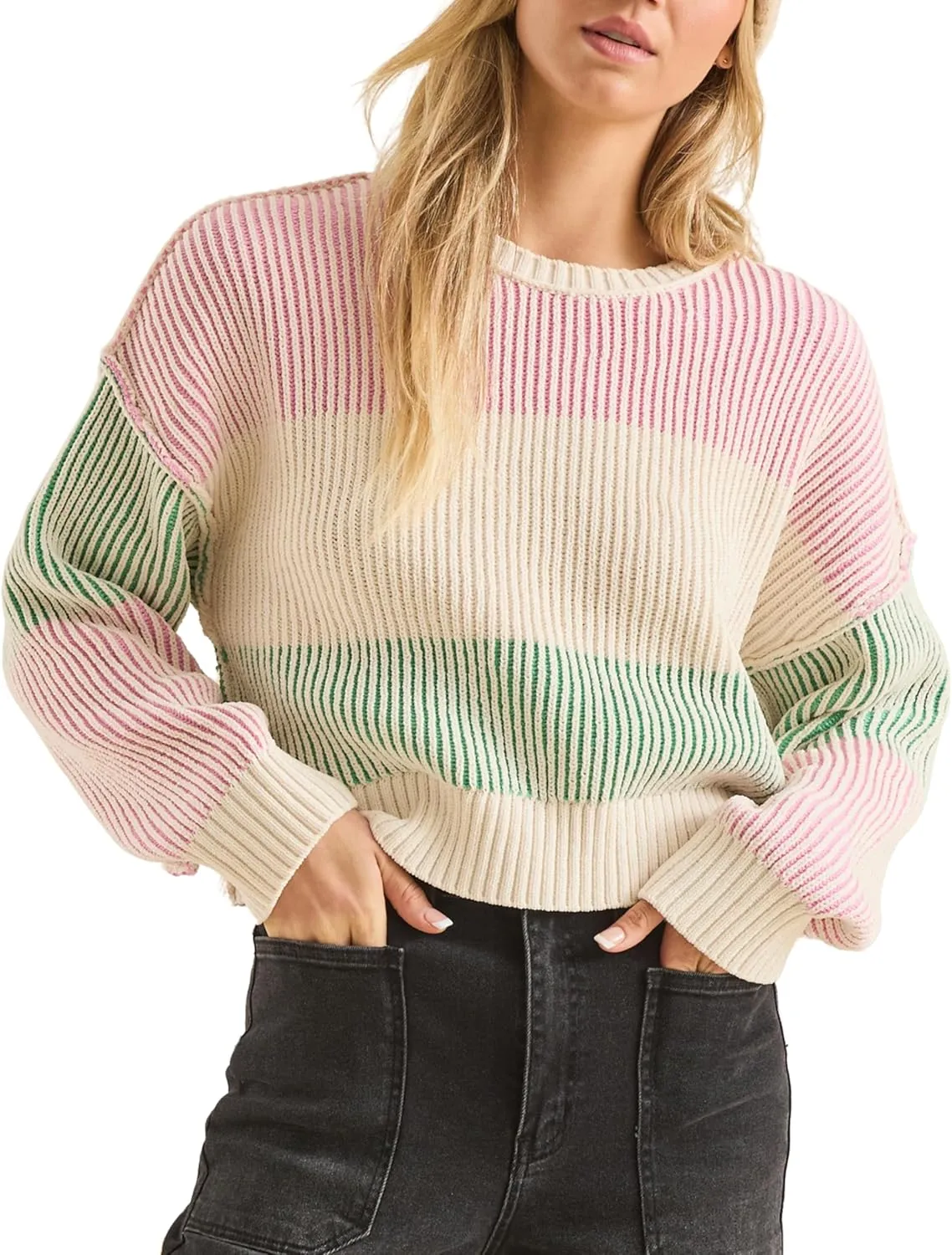 Esmeling Women’s Loose Striped Pullover Sweater Long Sleeve Crew Neck Color Block Knit Tops