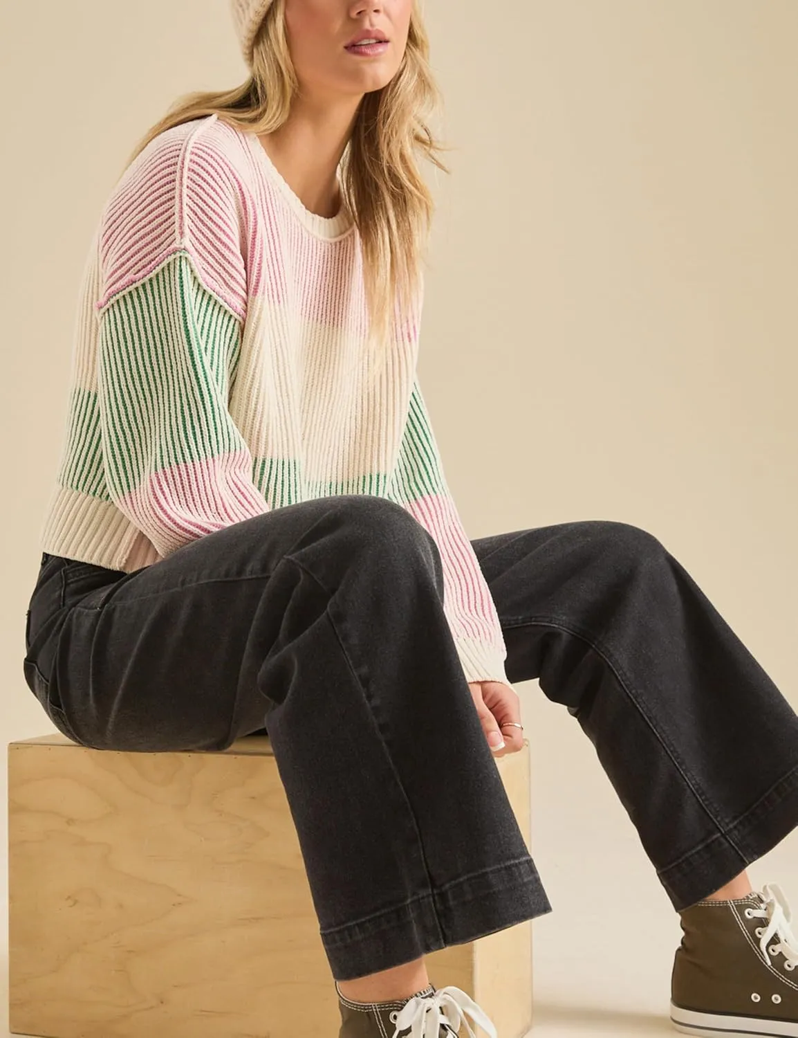 Esmeling Women’s Loose Striped Pullover Sweater Long Sleeve Crew Neck Color Block Knit Tops