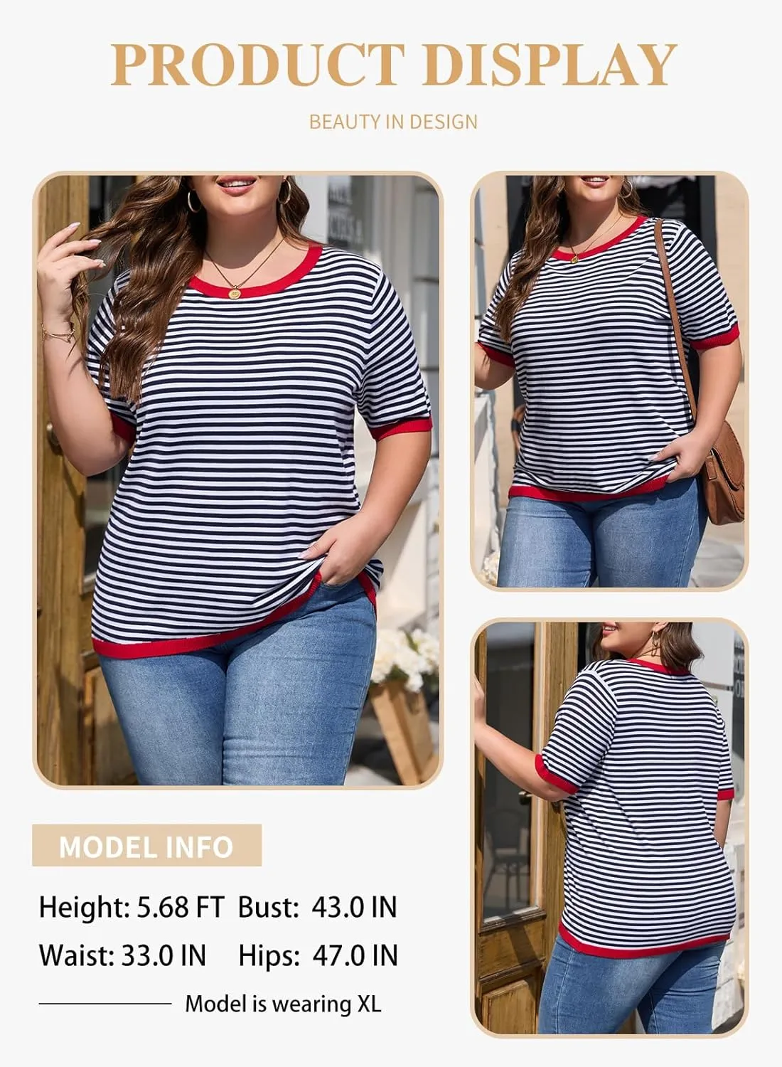 Eytino Womens Plus Size Sweaters Crewneck Short Sleeve Striped Color Block Casual High Low Knitted Tops(1X-5X)