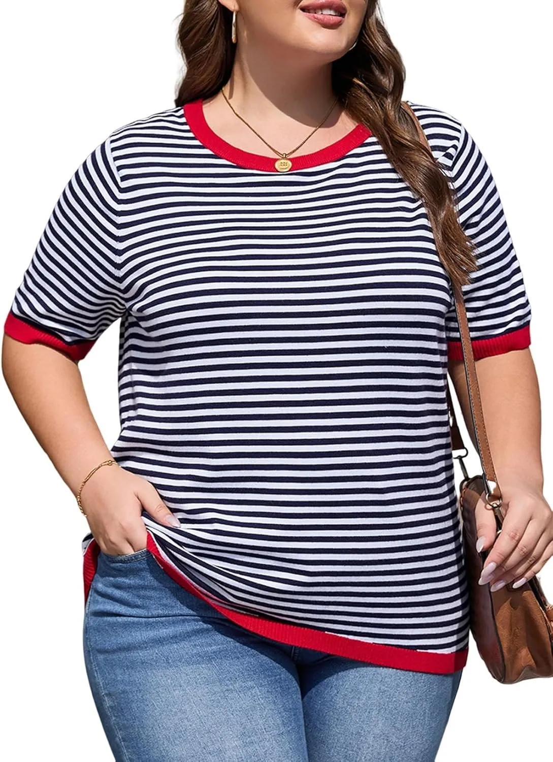 Eytino Womens Plus Size Sweaters Crewneck Short Sleeve Striped Color Block Casual High Low Knitted Tops(1X-5X)