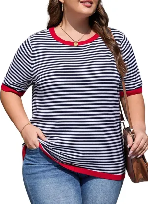 Eytino Womens Plus Size Sweaters Crewneck Short Sleeve Striped Color Block Casual High Low Knitted Tops(1X-5X)