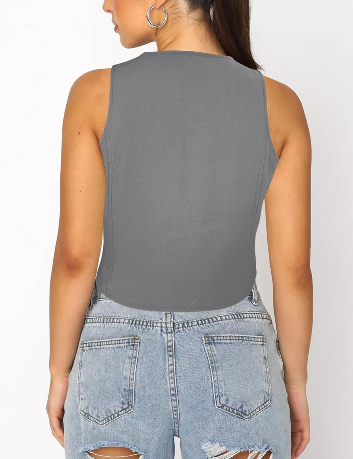 Fallorchid Women's Business Button Up Sleeveless Vest Crop Tops V Neck Jacket Waistcoat