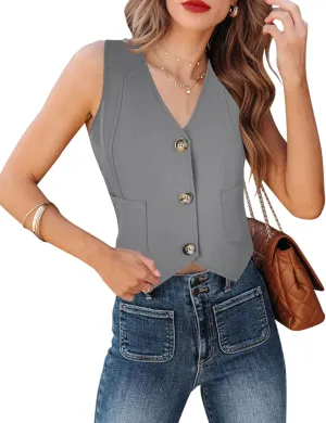 Fallorchid Women's Business Button Up Sleeveless Vest Crop Tops V Neck Jacket Waistcoat