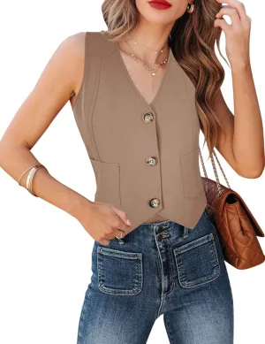 Fallorchid Women's Business Button Up Sleeveless Vest Crop Tops V Neck Jacket Waistcoat