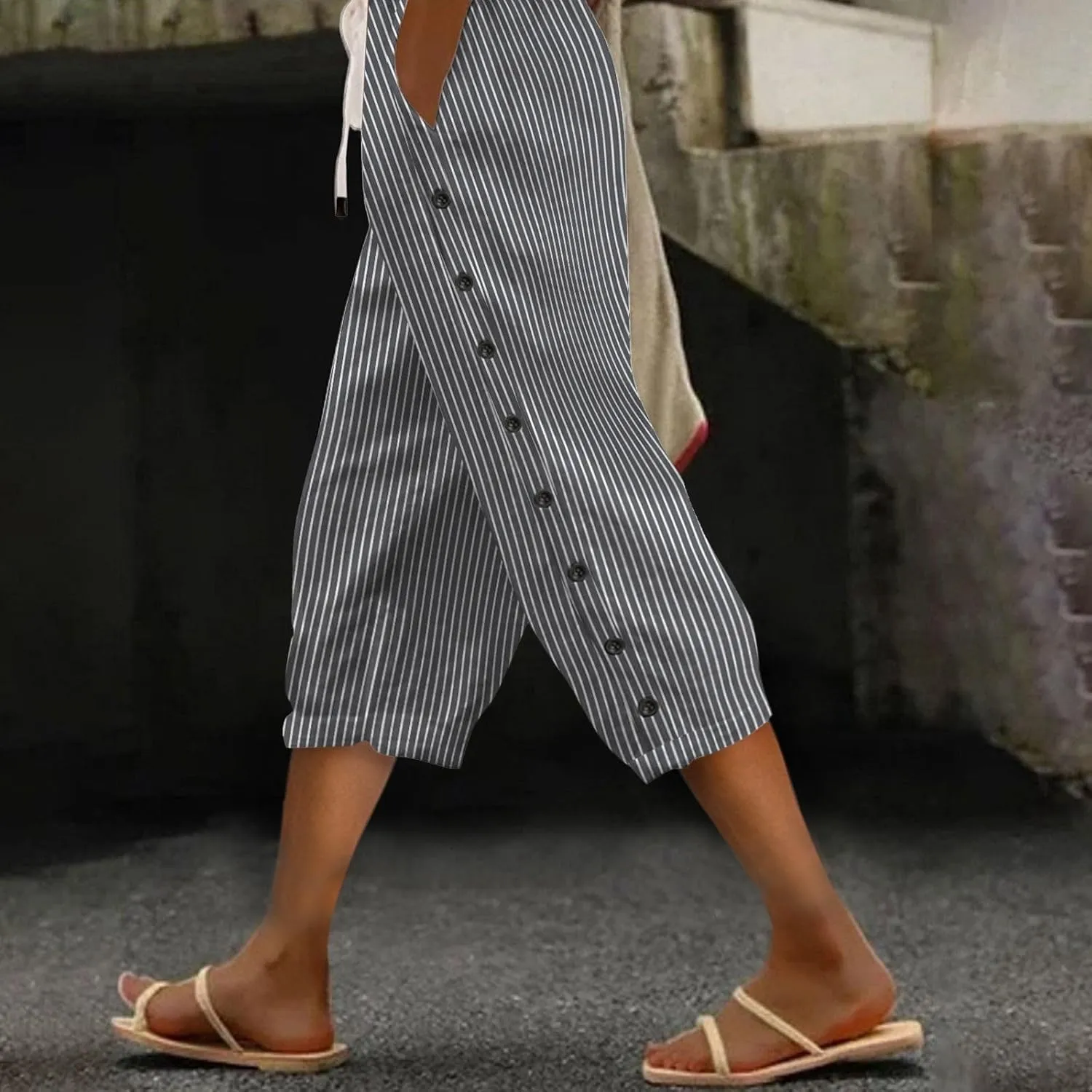fanmpghleoo Pinstripe Pants Women Cropped Drawstring Striped Linen Pants Women Summer Casual Loose Linen Capris with Pockets