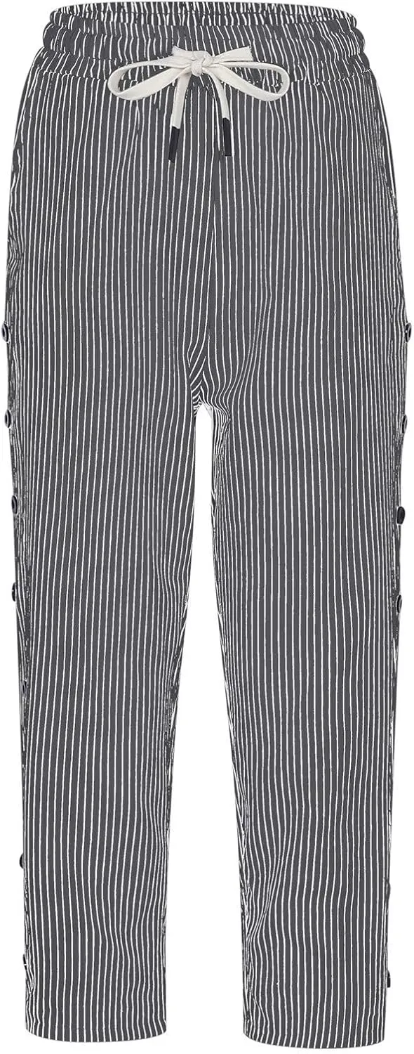 fanmpghleoo Pinstripe Pants Women Cropped Drawstring Striped Linen Pants Women Summer Casual Loose Linen Capris with Pockets