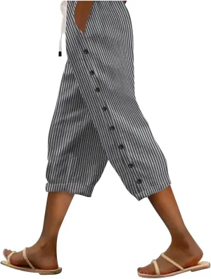 fanmpghleoo Pinstripe Pants Women Cropped Drawstring Striped Linen Pants Women Summer Casual Loose Linen Capris with Pockets
