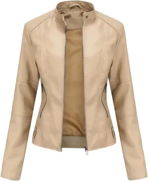 Faux Leather Jacket Women Autumn Spring Moto Biker Zipper Jacket Casual O-Neck Jacket