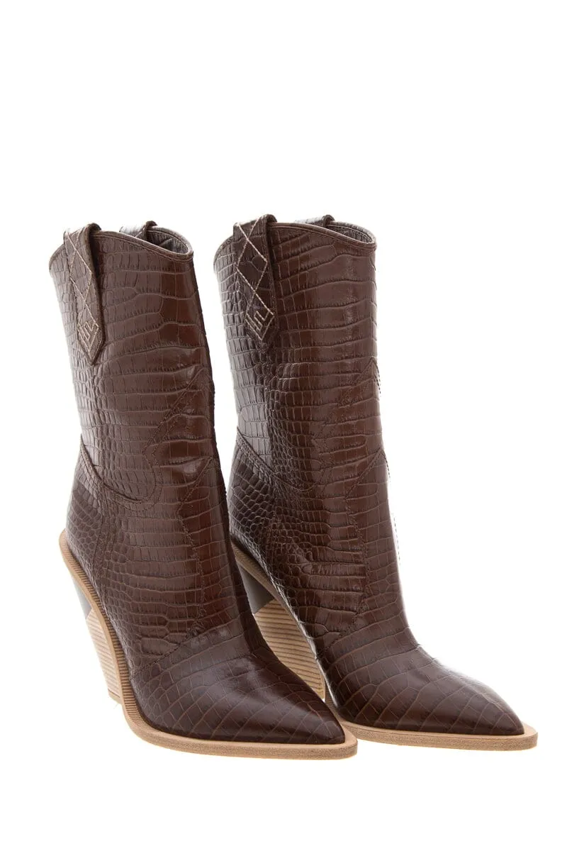 Fendi Brown Croc Embossed Cowboy Boots SZ 39.5