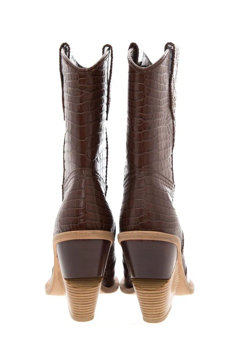 Fendi Brown Croc Embossed Cowboy Boots SZ 39.5