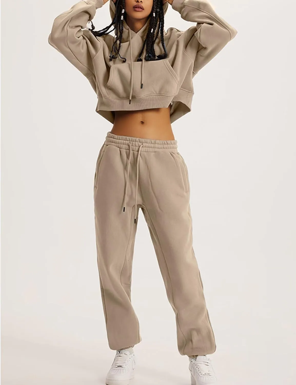 Flygo Womens Fleece 2 Piece Outfits Sweatsuit Crop Pullover Sweatshirt Joggers Pants Tracksuit Set