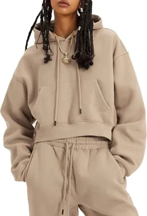 Flygo Womens Fleece 2 Piece Outfits Sweatsuit Crop Pullover Sweatshirt Joggers Pants Tracksuit Set