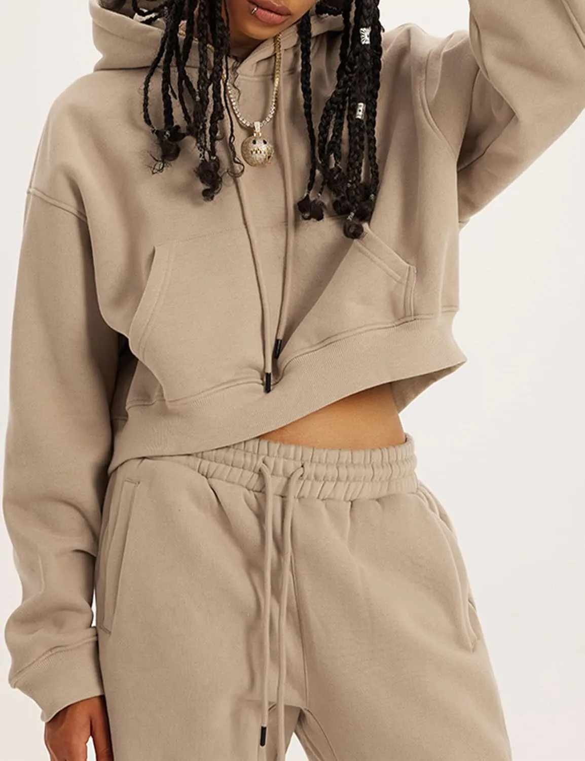 Flygo Womens Fleece 2 Piece Outfits Sweatsuit Crop Pullover Sweatshirt Joggers Pants Tracksuit Set