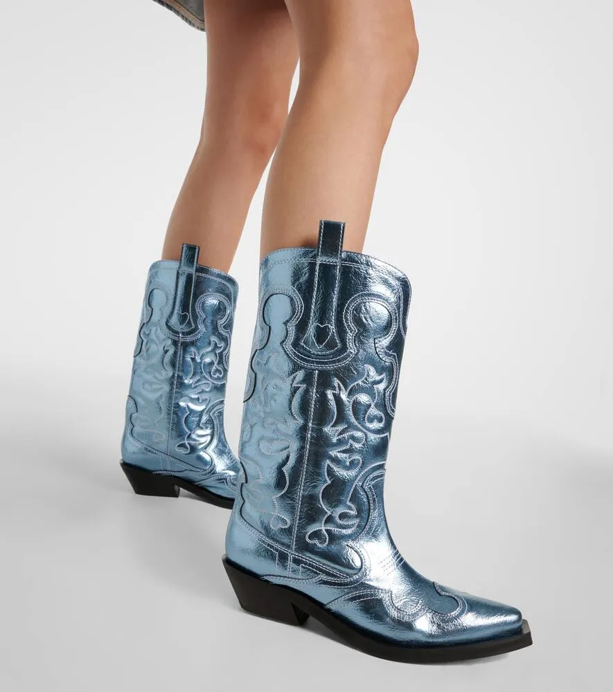 Ganni Embroidered metallic cowboy boots