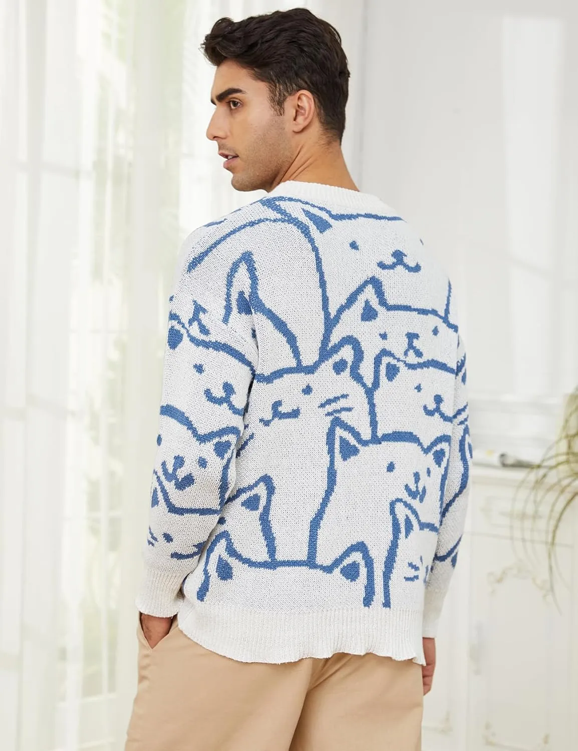 Gihuo Mens Graphic Pullover Sweaters Vintage Loose Sweaters Crewneck Long Sleeve Knitwear Cute Cats Print Knit Top