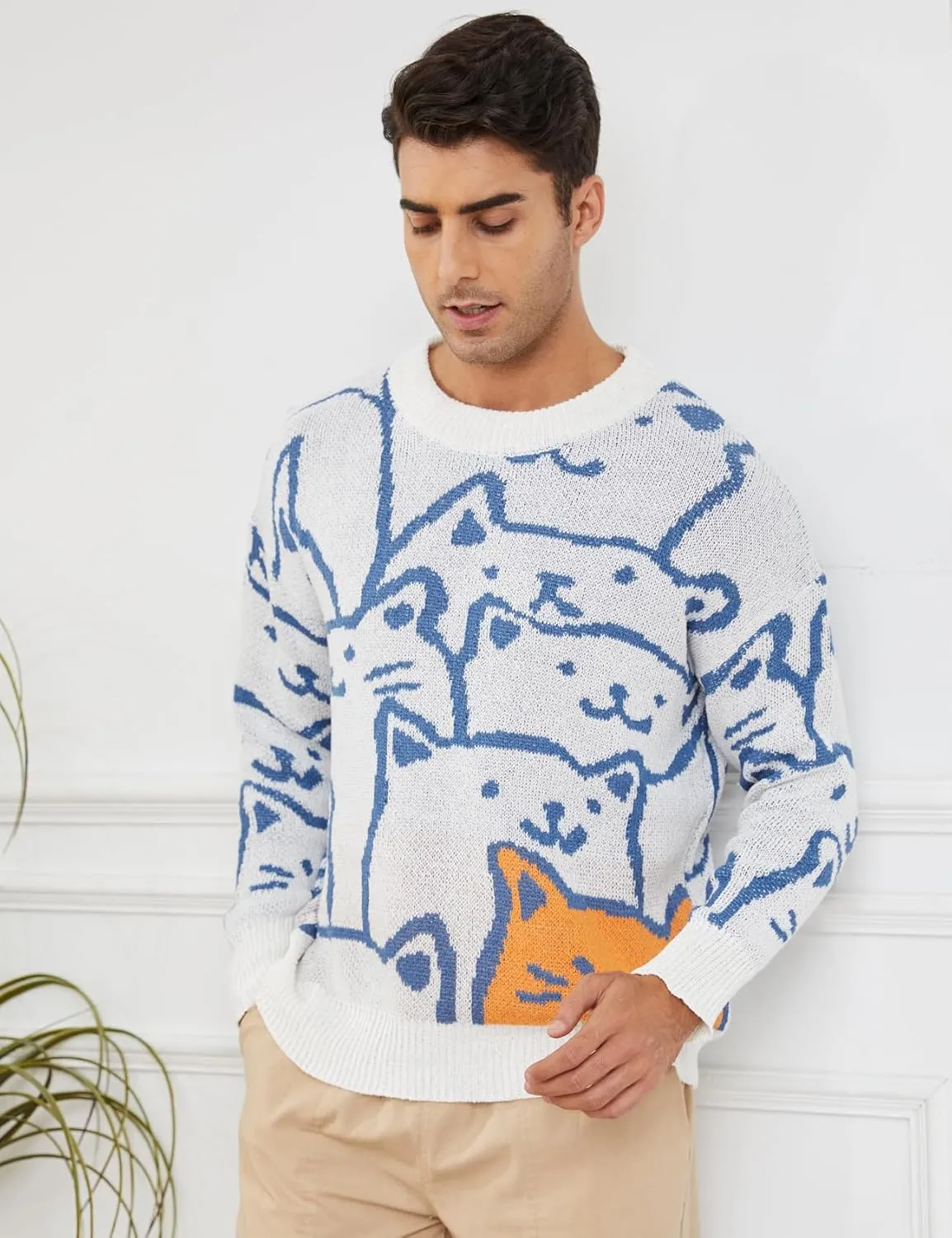 Gihuo Mens Graphic Pullover Sweaters Vintage Loose Sweaters Crewneck Long Sleeve Knitwear Cute Cats Print Knit Top