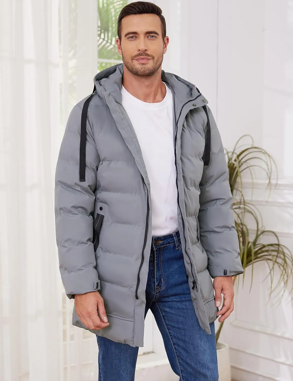 Gihuo Men's Winter Puffer Jacket Hooded Zip Up Long Coat Warm Quilted Padded Jackets with Pockets