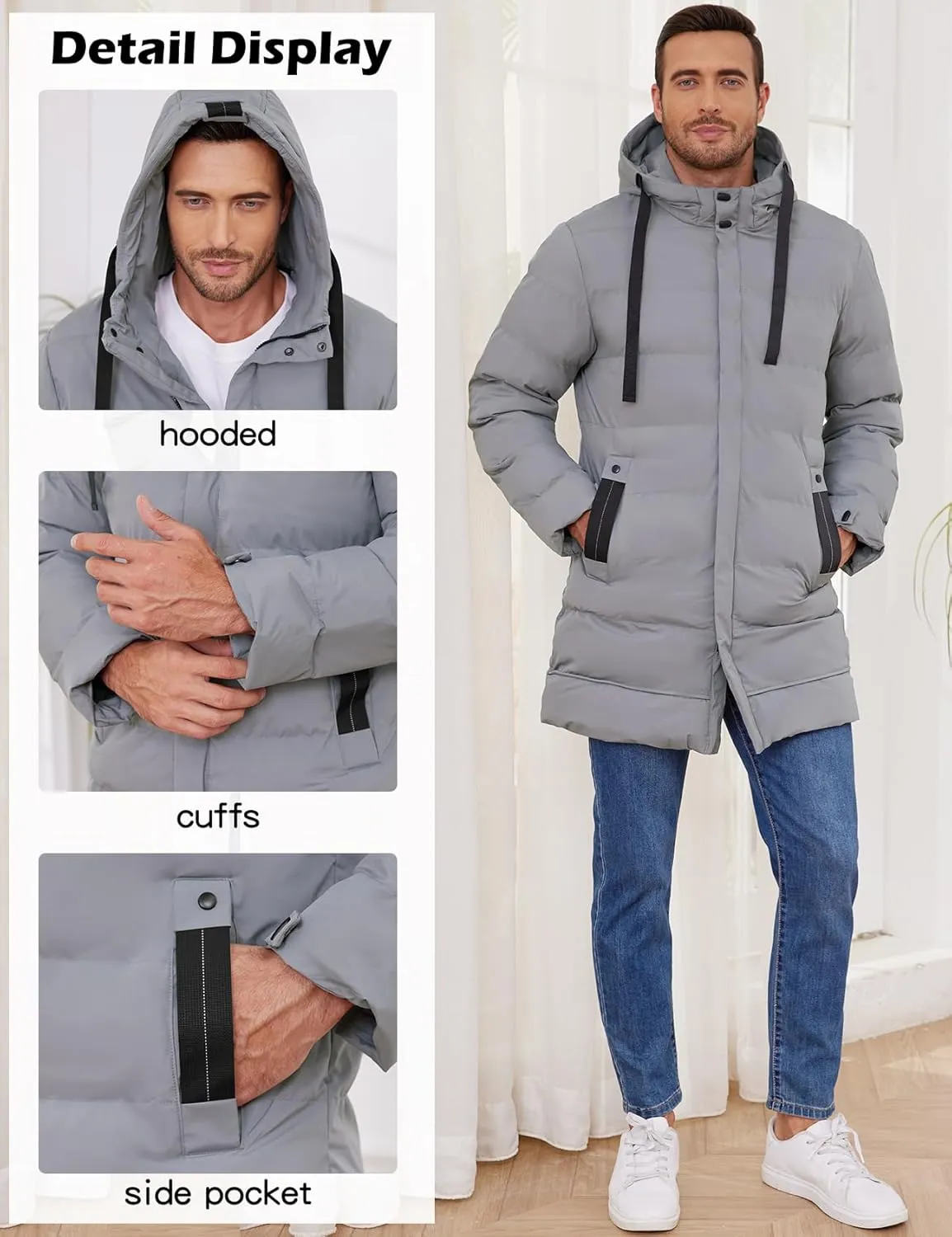 Gihuo Men's Winter Puffer Jacket Hooded Zip Up Long Coat Warm Quilted Padded Jackets with Pockets
