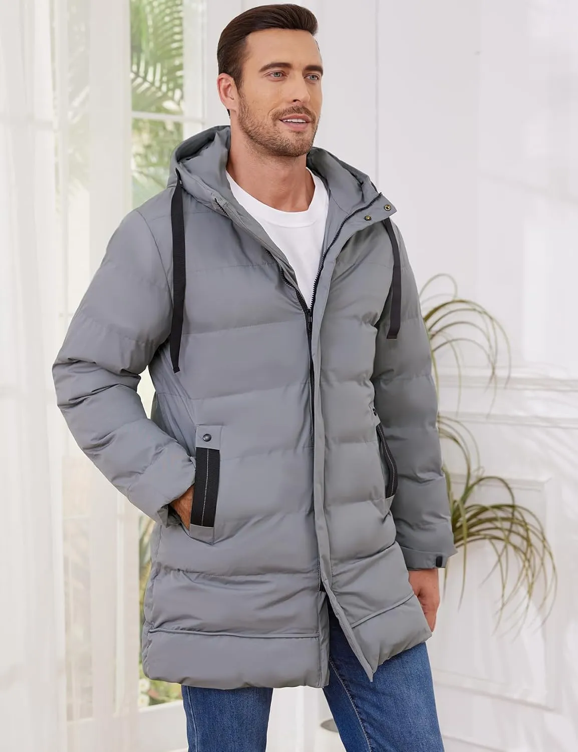 Gihuo Men's Winter Puffer Jacket Hooded Zip Up Long Coat Warm Quilted Padded Jackets with Pockets