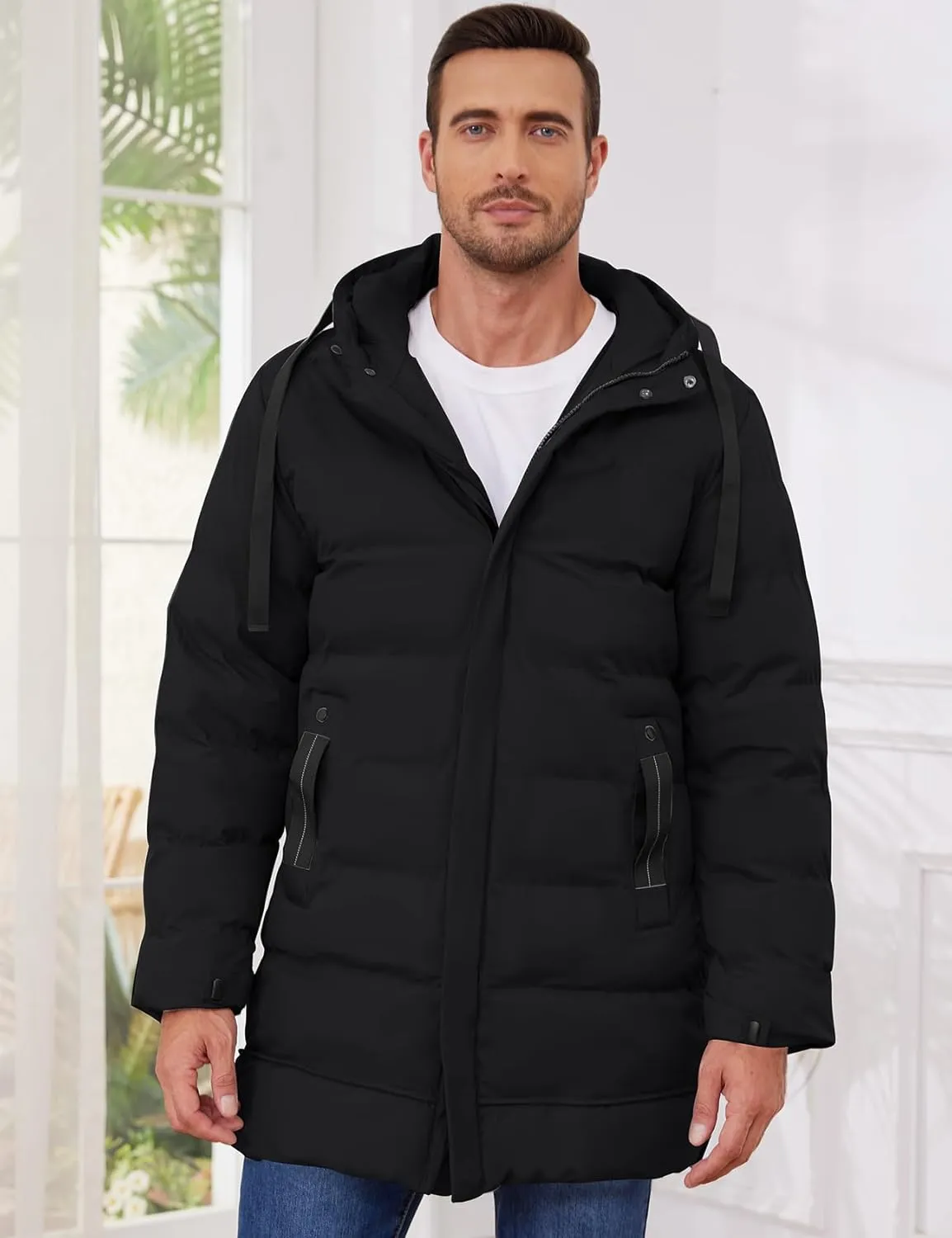 Gihuo Men's Winter Puffer Jacket Hooded Zip Up Long Coat Warm Quilted Padded Jackets with Pockets