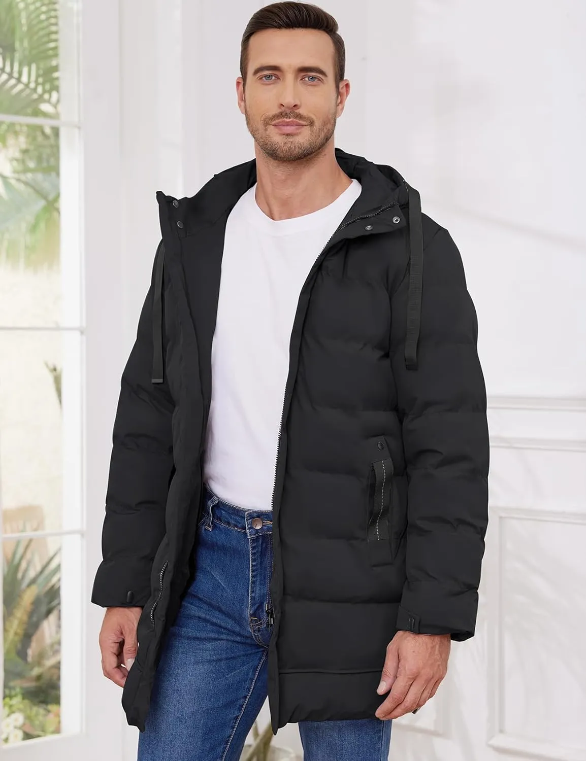 Gihuo Men's Winter Puffer Jacket Hooded Zip Up Long Coat Warm Quilted Padded Jackets with Pockets