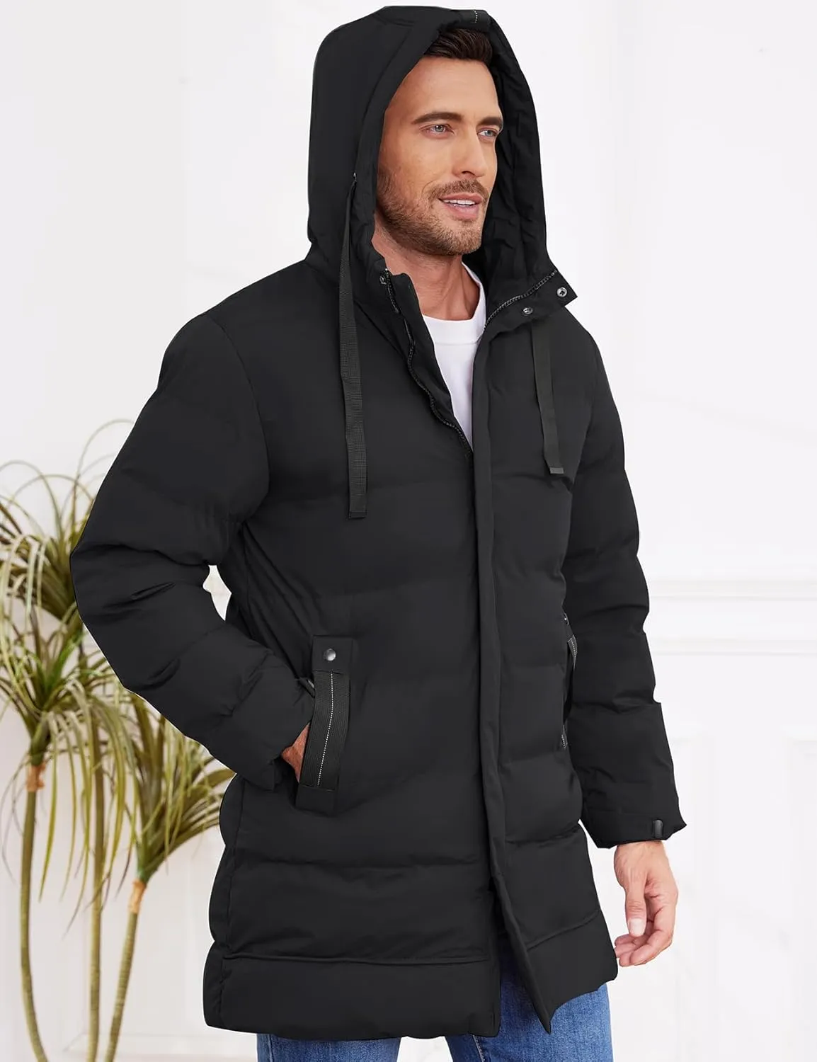 Gihuo Men's Winter Puffer Jacket Hooded Zip Up Long Coat Warm Quilted Padded Jackets with Pockets