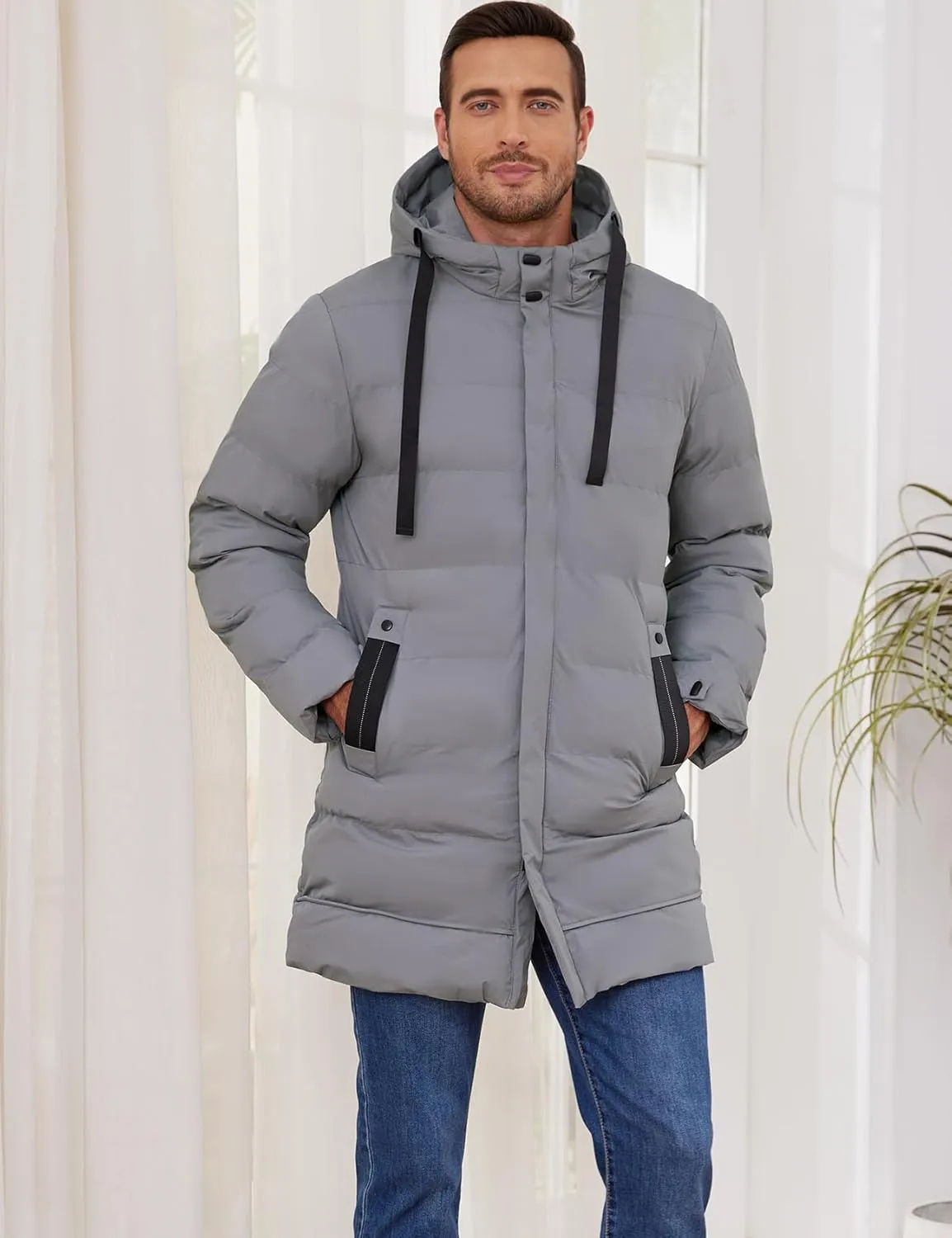 Gihuo Men's Winter Puffer Jacket Hooded Zip Up Long Coat Warm Quilted Padded Jackets with Pockets
