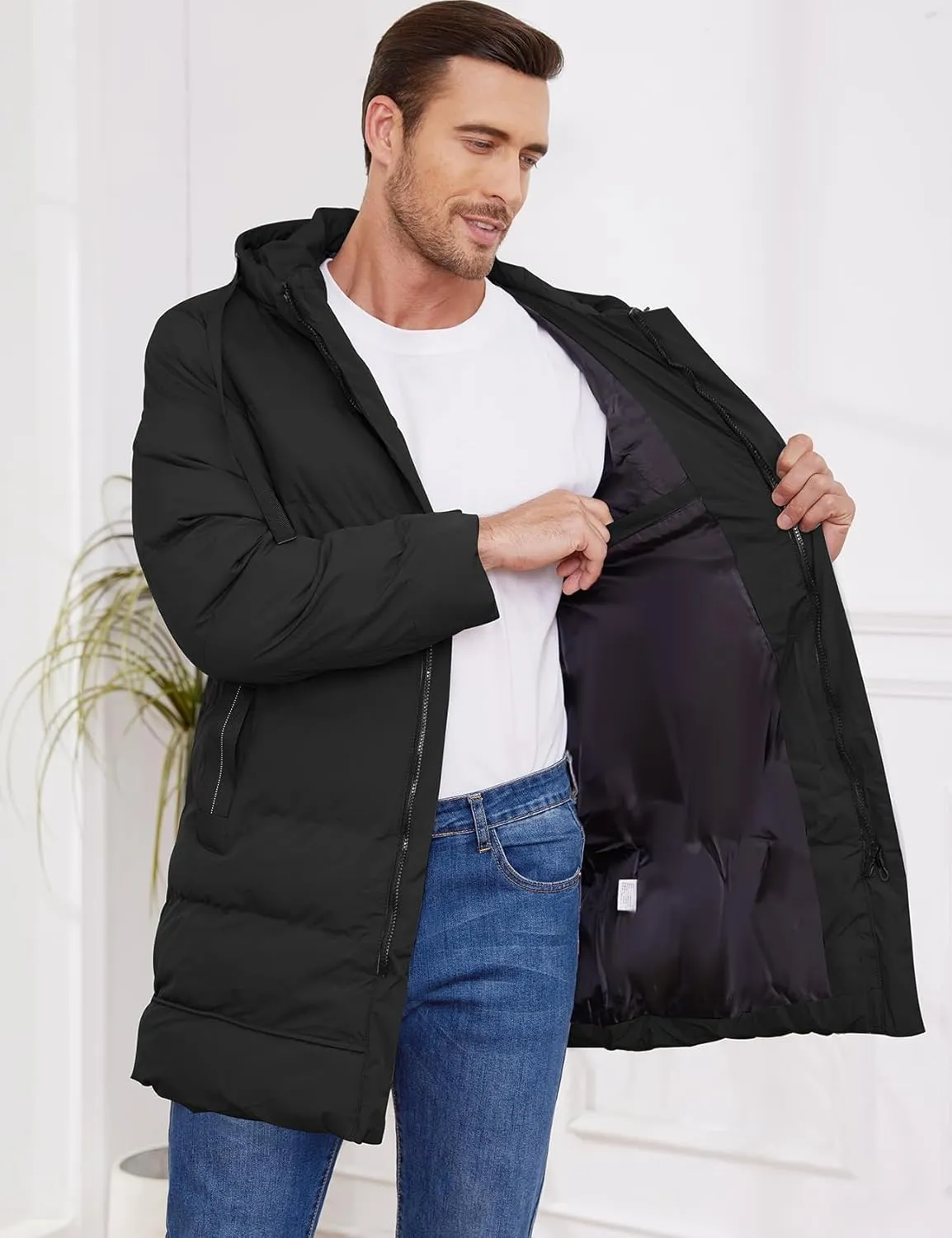 Gihuo Men's Winter Puffer Jacket Hooded Zip Up Long Coat Warm Quilted Padded Jackets with Pockets