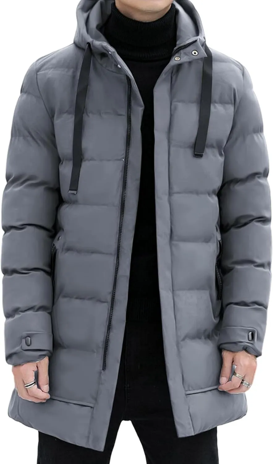 Gihuo Men's Winter Puffer Jacket Hooded Zip Up Long Coat Warm Quilted Padded Jackets with Pockets