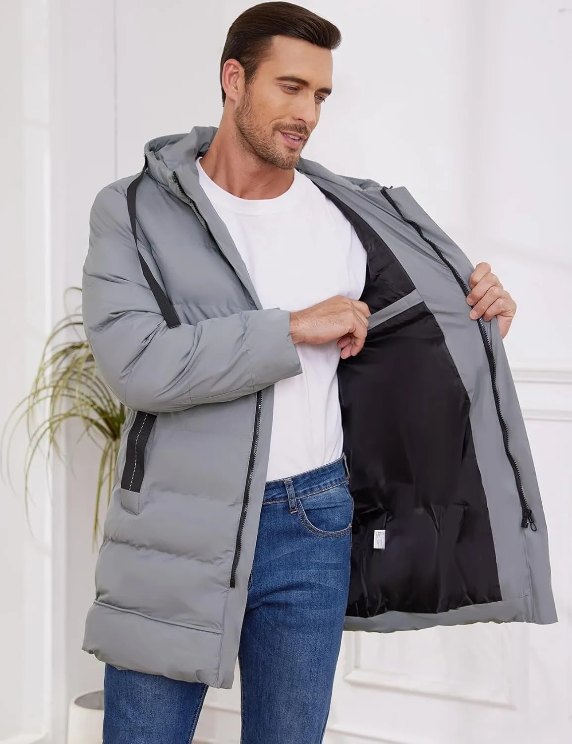 Gihuo Men's Winter Puffer Jacket Hooded Zip Up Long Coat Warm Quilted Padded Jackets with Pockets