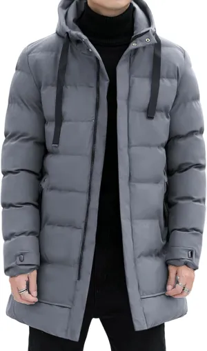 Gihuo Men's Winter Puffer Jacket Hooded Zip Up Long Coat Warm Quilted Padded Jackets with Pockets