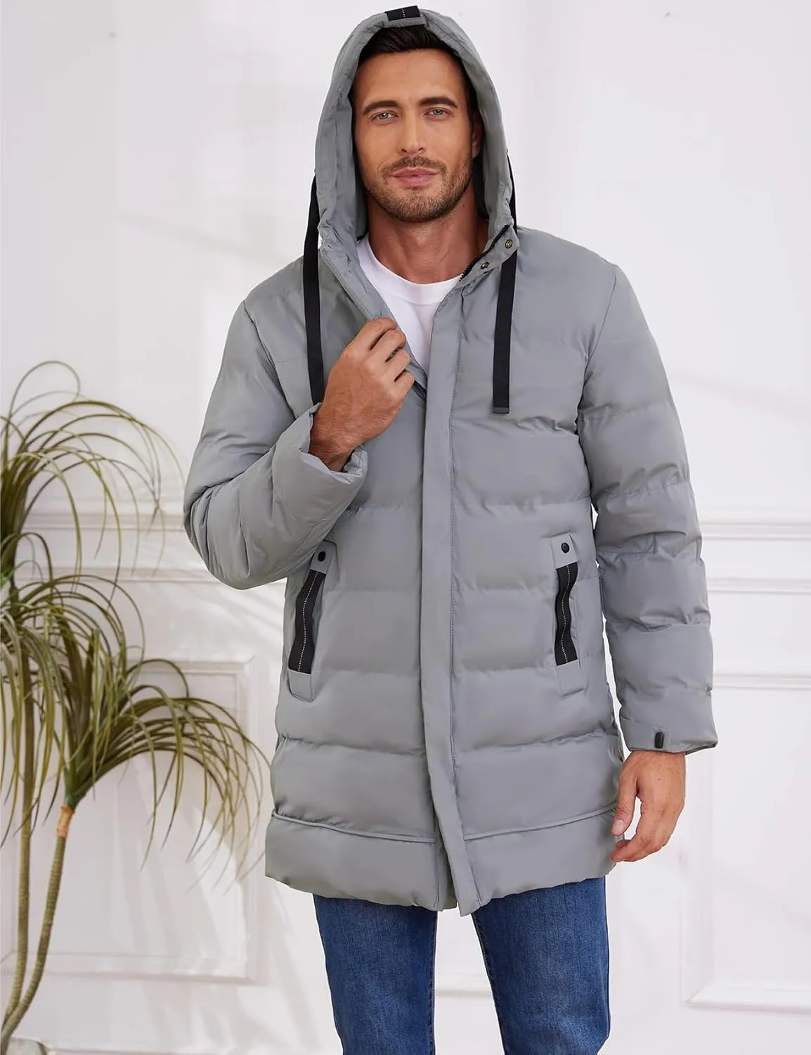 Gihuo Men's Winter Puffer Jacket Hooded Zip Up Long Coat Warm Quilted Padded Jackets with Pockets