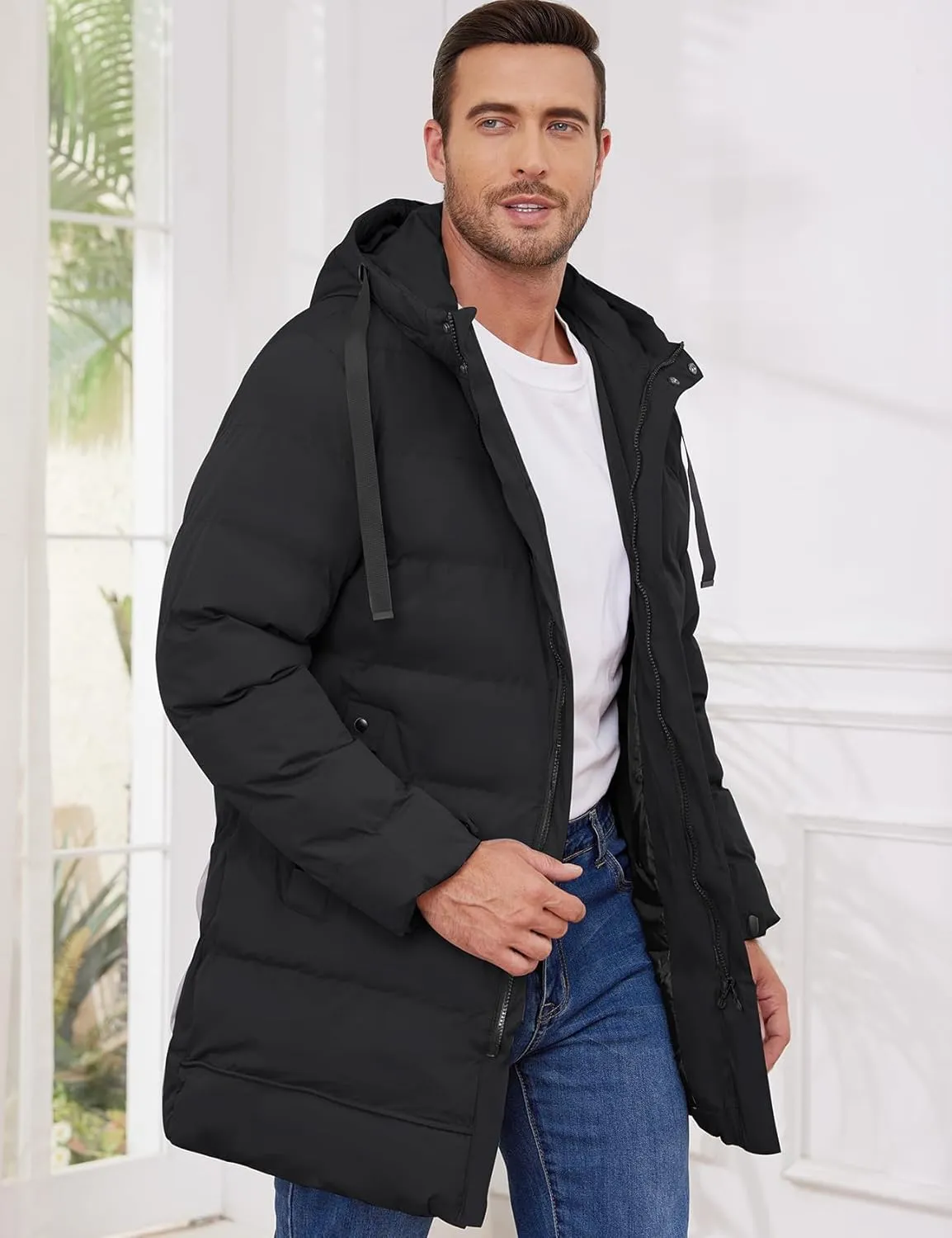 Gihuo Men's Winter Puffer Jacket Hooded Zip Up Long Coat Warm Quilted Padded Jackets with Pockets