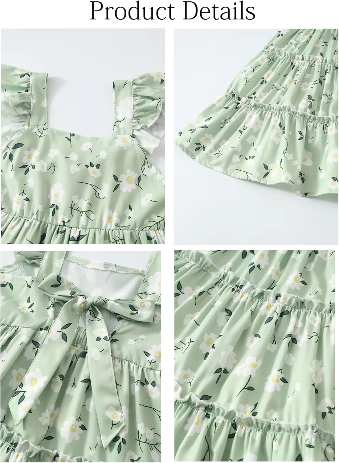 Girl Summer Dress Floral Ruffle Sleeve A Line Swing Casual Dresses Tie Back Cute Tiered Sundress 4-12Y