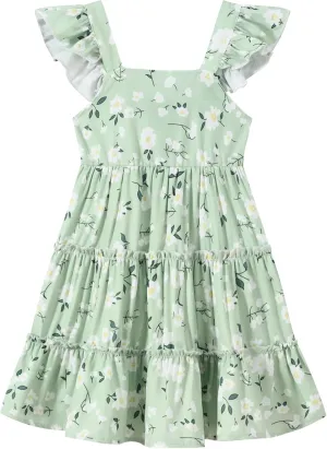 Girl Summer Dress Floral Ruffle Sleeve A Line Swing Casual Dresses Tie Back Cute Tiered Sundress 4-12Y