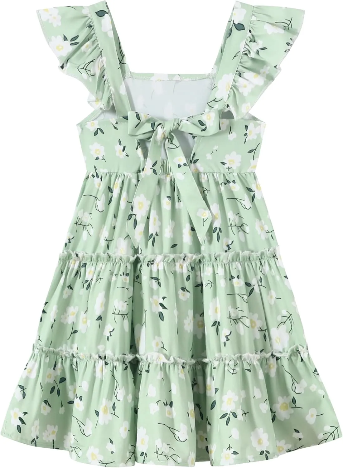 Girl Summer Dress Floral Ruffle Sleeve A Line Swing Casual Dresses Tie Back Cute Tiered Sundress 4-12Y