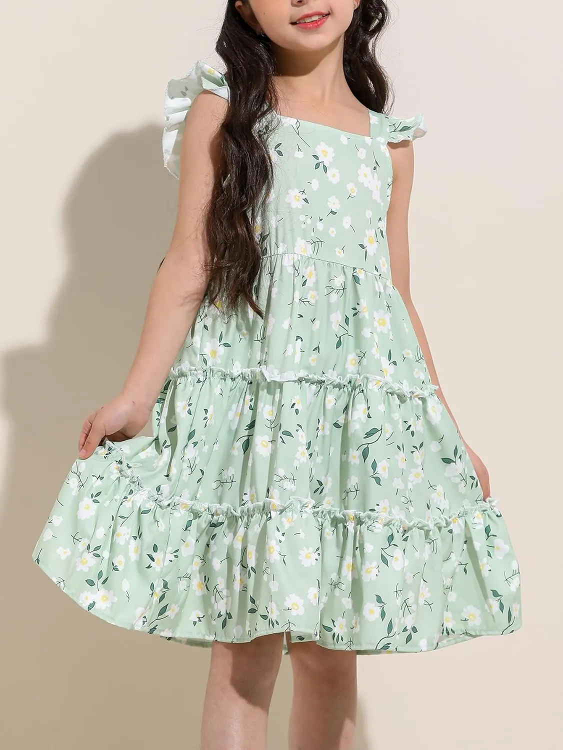 Girl Summer Dress Floral Ruffle Sleeve A Line Swing Casual Dresses Tie Back Cute Tiered Sundress 4-12Y